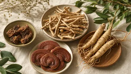 Verschiedene adaptogene Pflanzen und Vitalpilze – Ashwagandha-Wurzel, Rhodiola, Ginseng und getrocknete Pilze – arrangiert auf hellem Leinen.