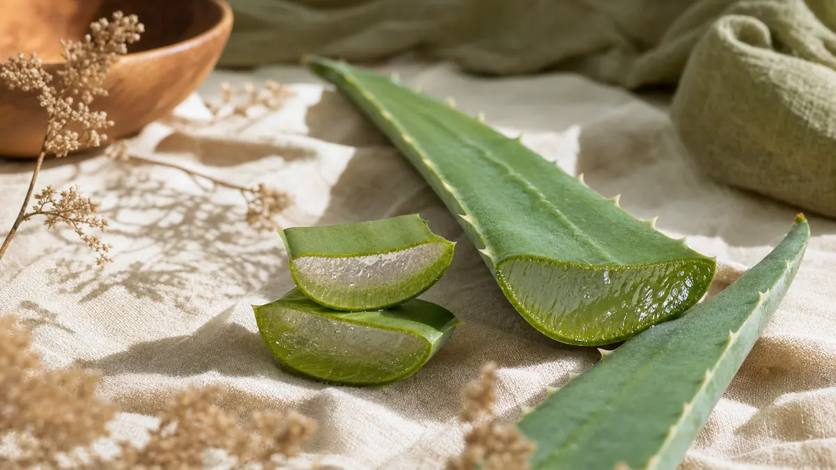 Ein aufgeschnittenes Aloe-Vera-Blatt mit klarem Gel auf hellem Leinen.