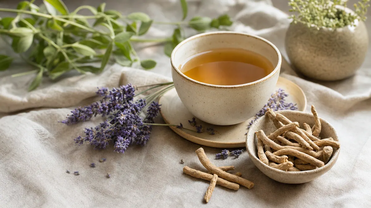 Beruhigende Szene mit einer Tasse Kräutertee, Lavendelzweigen und Ashwagandha-Wurzel auf hellem Leinen im sanften Tageslicht.