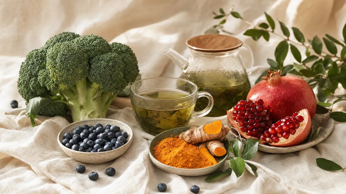 Antioxidantienreiche Lebensmittel – Brokkoli, Heidelbeeren, Kurkuma, Granatapfel – auf hellem Leinen.