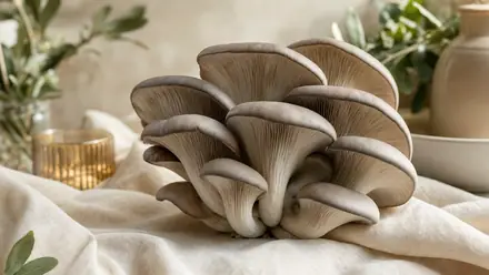Frische graue Austernpilze (Pleurotus ostreatus) auf hellem Leinen.