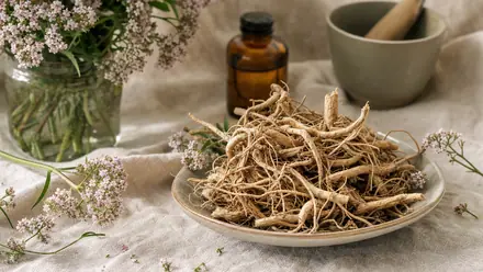 Frische Baldrianwurzel (Valeriana officinalis) mit feinen Wurzelfasern neben blühenden Baldrian-Dolden auf hellem Leinen.