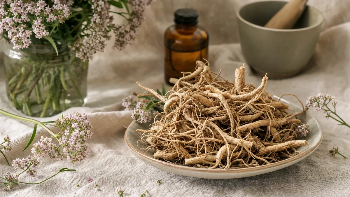 Frische Baldrianwurzel (Valeriana officinalis) mit feinen Wurzelfasern neben blühenden Baldrian-Dolden auf hellem Leinen.