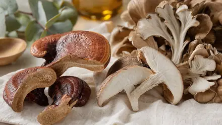 Schematische Darstellung von Beta-Glucan-Ketten neben einem aufgeschnittenen Vitalpilz und Haferflocken auf hellem Leinen.