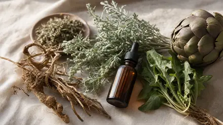 Bittere Heilpflanzen – Enzianwurzel, Wermut, Tausendgüldenkraut und Löwenzahn – mit einem dunklen Bitterkräuter-Auszug in einer Tropfflasche auf hellem Leinen.