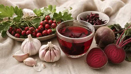 Herzfreundliche Naturstoffe – Knoblauch, Weißdornbeeren, Hibiskustee und Rote Bete – auf hellem Leinen.