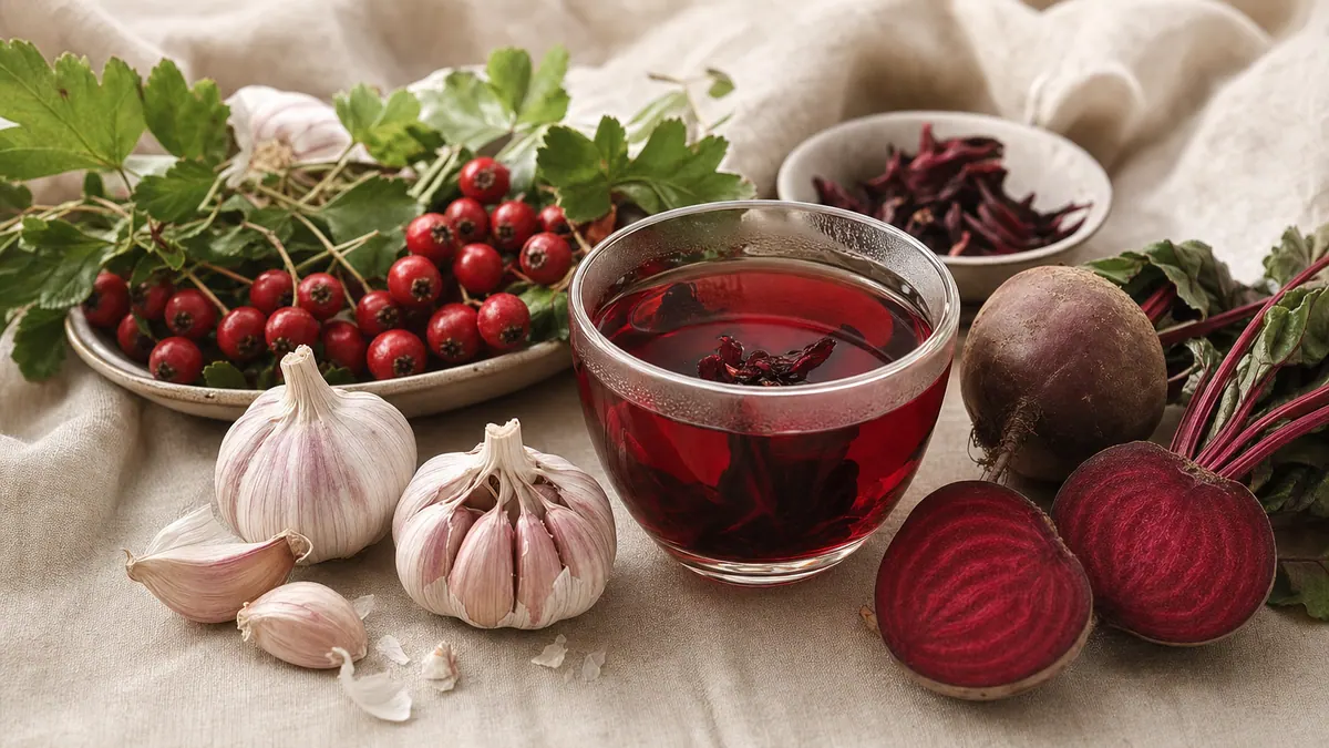Herzfreundliche Naturstoffe – Knoblauch, Weißdornbeeren, Hibiskustee und Rote Bete – auf hellem Leinen.