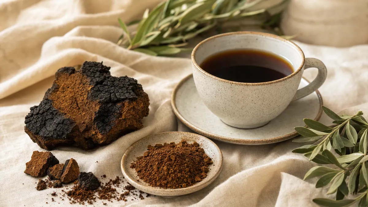 Ein dunkles, rissiges Chaga-Stück mit Pulver und einer Tasse dunklem Chaga-Tee auf hellem Leinen.