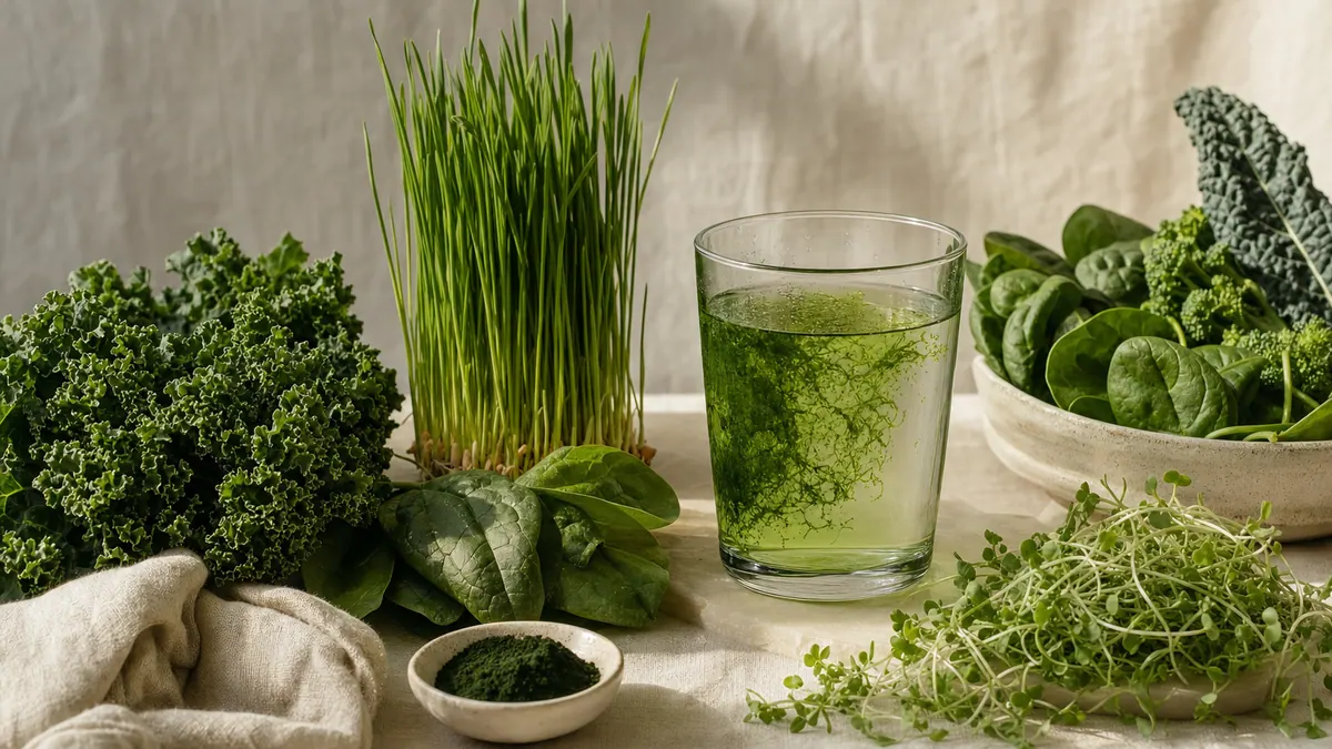 Chlorophyll-Quellen – grünes Blattgemüse, Weizengras und ein grün gefärbtes Glas Wasser – auf hellem Leinen.