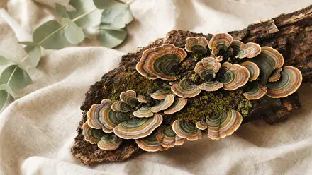 Bunte, konzentrisch gebänderte Schmetterlingstrameten (Coriolus / Trametes versicolor) auf einem Stück Rinde auf hellem Leinen.