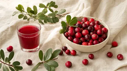Frische rote Cranberrys mit Blättern und einem Glas Saft auf hellem Leinen.