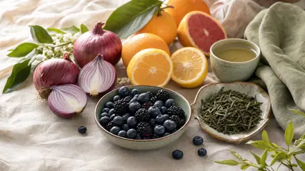 Flavonoidreiche Lebensmittel – rote Zwiebeln, Zitrusfrüchte, dunkle Beeren und Grünteeblätter – auf hellem Leinen.