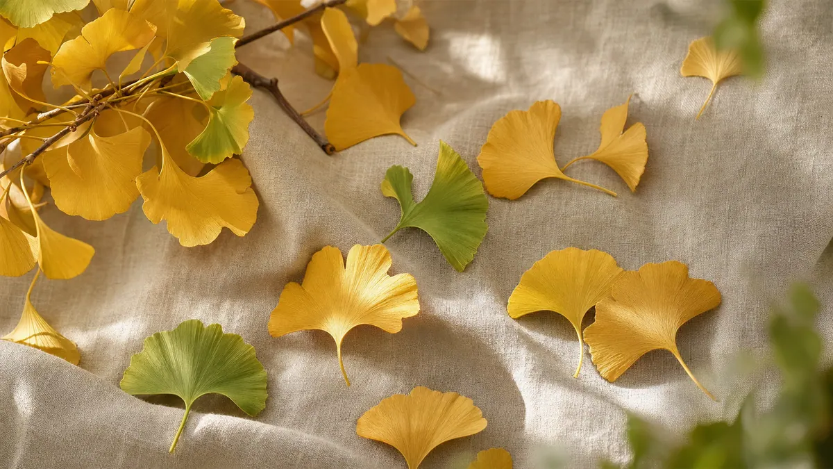 Goldene und grüne Ginkgo-Blätter auf hellem Leinen.