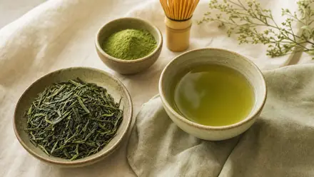 Lose Grüntee-Blätter, Matcha-Pulver und eine frisch aufgegossene Tasse Tee auf hellem Leinen, weiches Tageslicht.