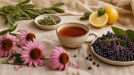 Immununterstützende Naturstoffe – Echinacea-Blüten, Holunderbeeren, eine Tasse Tee und Zitrusfrüchte – auf hellem Leinen im warmen Tageslicht.
