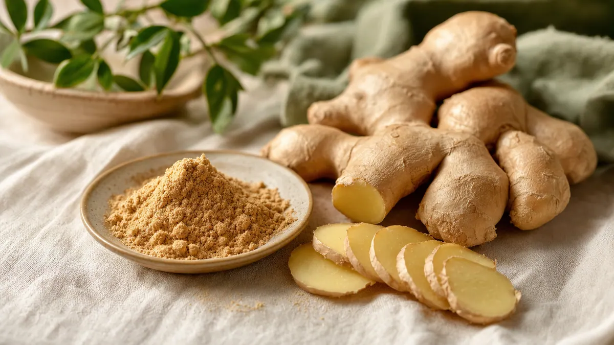 Frische Ingwerwurzel (Zingiber officinale) mit angeschnittenem, hellgelbem Fruchtfleisch neben gemahlenem Ingwerpulver auf hellem Leinen.