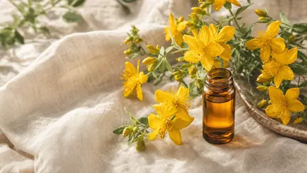 Gelbe Johanniskraut-Blüten mit einem Fläschchen Rotöl auf hellem Leinen.