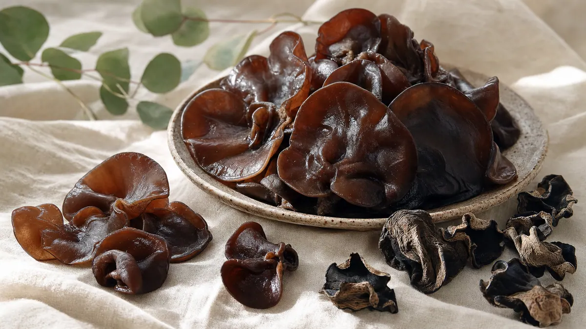 Judasohr-Pilze (Auricularia) mit ohrförmigen dunklen Fruchtkörpern auf hellem Leinen, daneben einige getrocknete Exemplare.