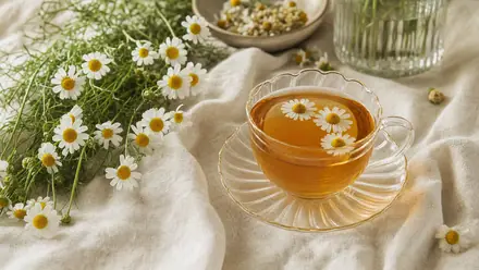 Frische Kamillenblüten und eine Tasse Kamillentee auf hellem Leinen.