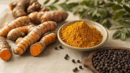 Frische Kurkuma-Wurzel (Curcuma longa) mit leuchtend orangefarbenem Anschnitt neben gemahlenem Kurkumapulver auf hellem Leinen.
