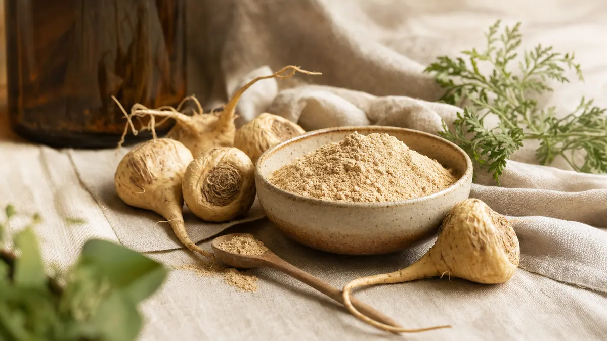 Maca-Wurzeln und eine Schale beiges Maca-Pulver auf hellem Leinen.