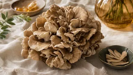 Ein großer, gewellter Maitake-Pilz (Klapperschwamm) auf hellem Leinen.
