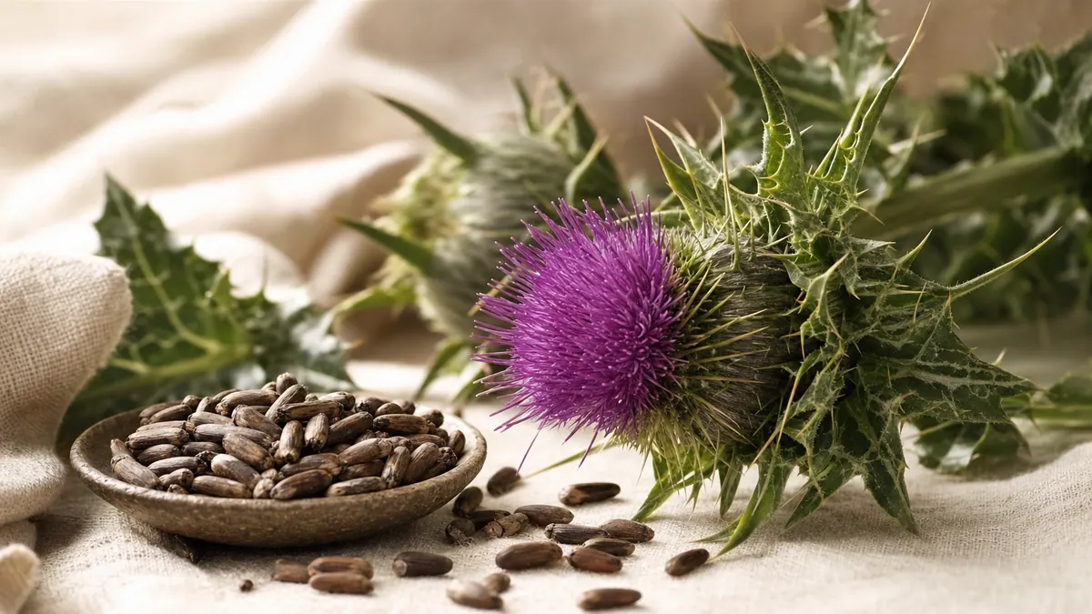 Blühende Mariendistel (Silybum marianum) mit violetter Blüte und marmorierten Blättern sowie reife Früchte auf hellem Leinen.