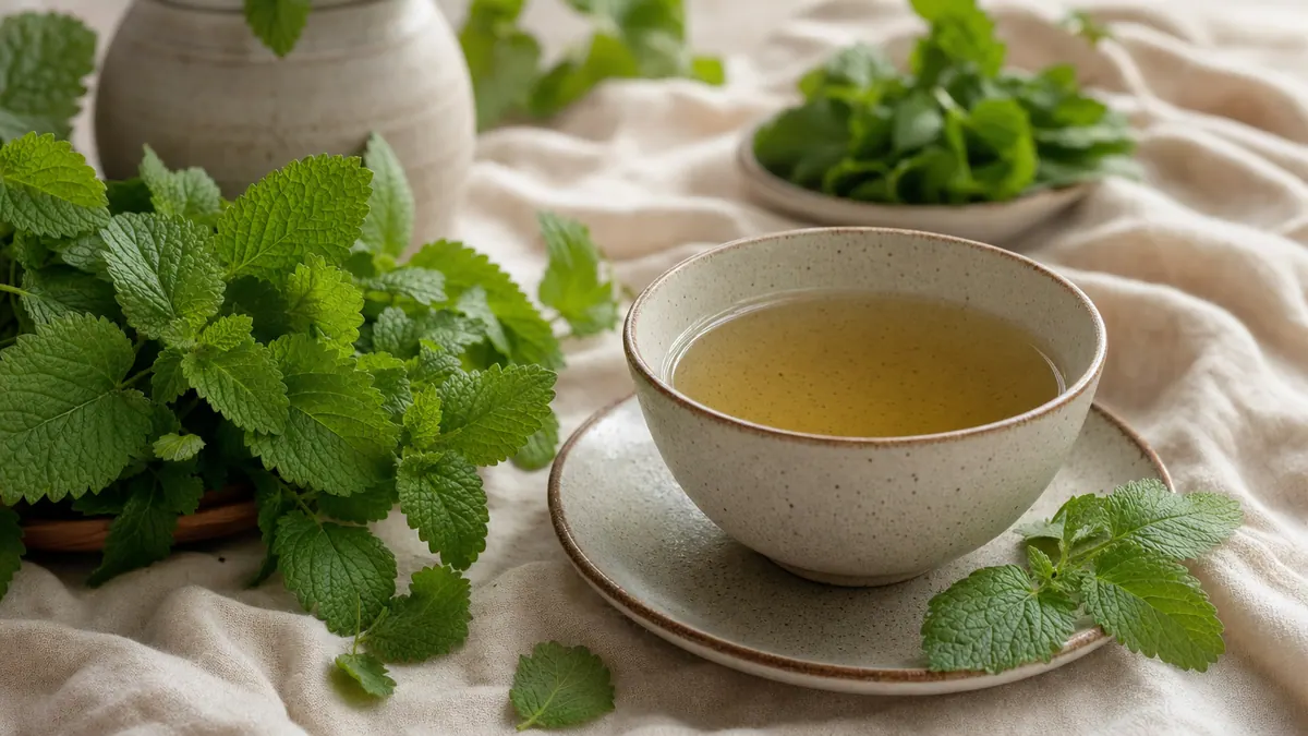 Frische Zitronenmelisse-Blätter (Melissa officinalis) und ein beruhigender Kräutertee auf hellem Leinen.
