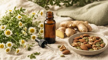 Naturstoffe bei Migräne – Mutterkraut, frischer Ingwer und ein Fläschchen Pfefferminzöl auf hellem Leinen im warmen Licht.