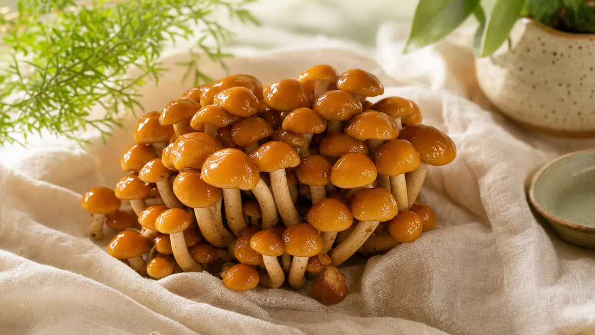 Nameko-Pilze mit glänzenden bernsteinbraunen Hüten und ihrer typischen gelartigen Schicht auf hellem Leinen.