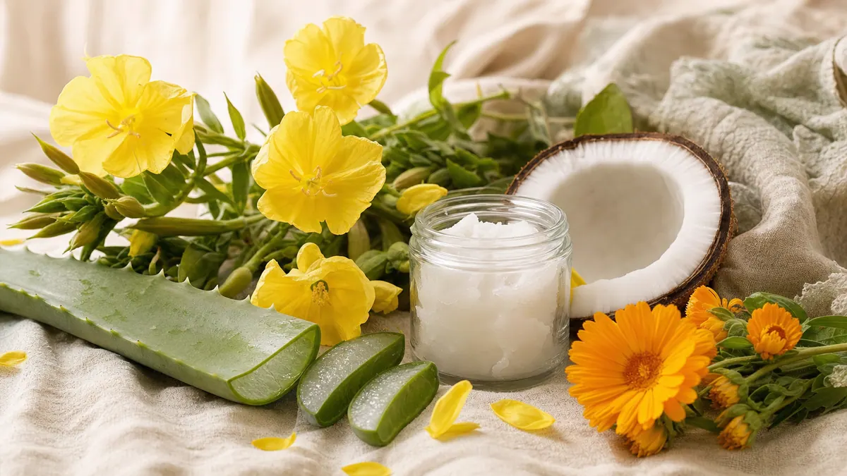 Hautfreundliche Pflanzen – Aloe vera, Nachtkerze, Kokosöl, Ringelblume – auf hellem Leinen.
