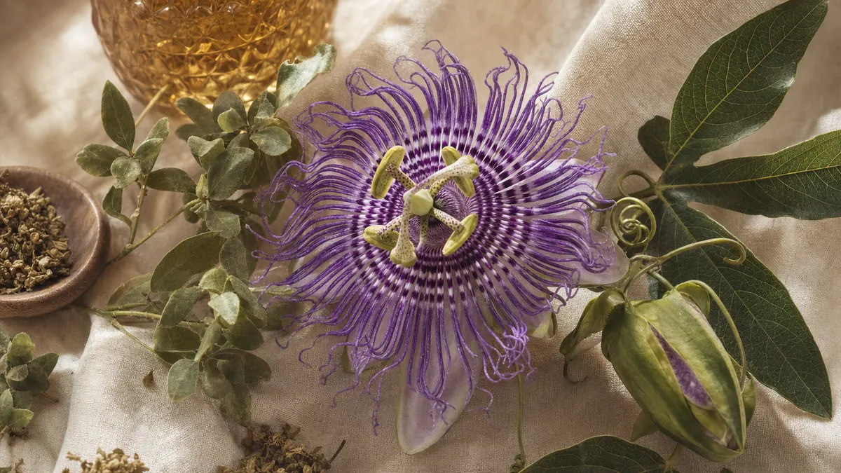 Eine filigrane violette Passionsblume mit Blättern auf hellem Leinen.