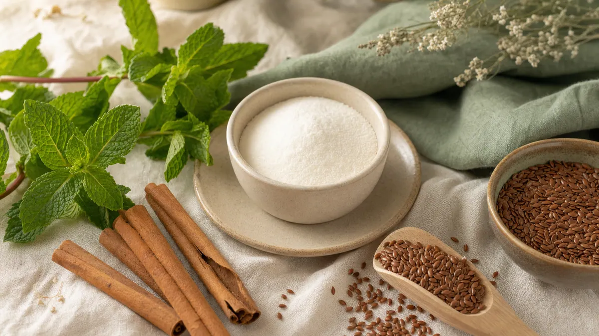 Naturstoffe zur hormonellen Balance – Grüne Minze, Zimtstangen, Leinsamen und eine Schale Inositol-Pulver – auf hellem Leinen im warmen Tageslicht.