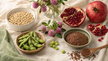 Phytoöstrogenreiche Lebensmittel – Sojabohnen, Rotklee, Leinsamen, Granatapfel – auf hellem Leinen.