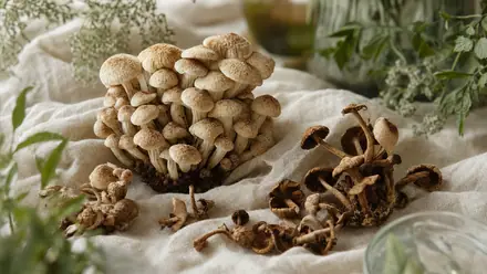 Eichhase-Pilz (Polyporus umbellatus) mit vielen kleinen Hüten auf hellem Leinen.