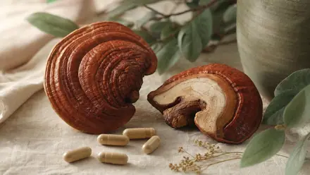 Glänzend rotbrauner Reishi-Pilz (Ganoderma lucidum) mit fächerförmigem, lackartig schimmerndem Hut auf hellem Leinen.