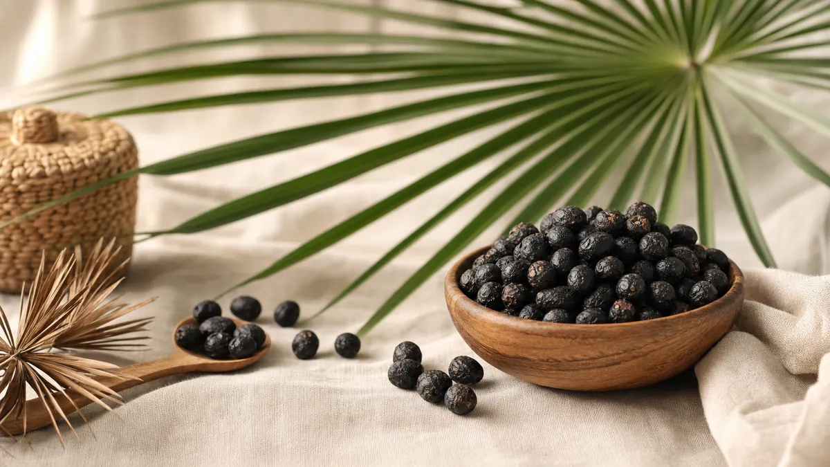 Dunkle Sägepalmen-Beeren (Serenoa repens) mit einem Palmwedel auf hellem Leinen.