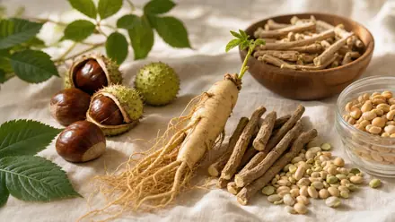 Saponinreiche Pflanzen – Ginsengwurzel, Rosskastanie, Süßholz und Hülsenfrüchte – auf hellem Leinen.