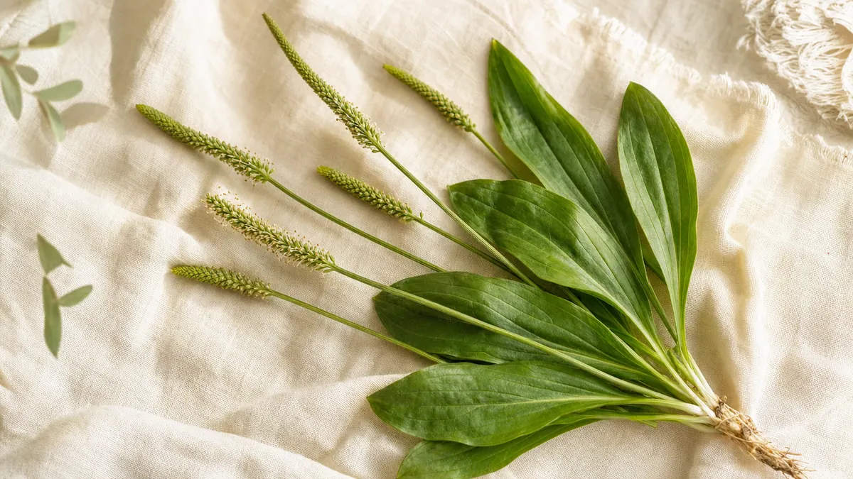 Frischer Spitzwegerich (Plantago lanceolata) mit lanzettlichen Blättern und schlanken Blütenähren auf hellem Leinen.