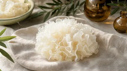 Silberohr-Pilz (Tremella fuciformis) mit zarten, durchscheinend weißen Lappen auf hellem Leinen.