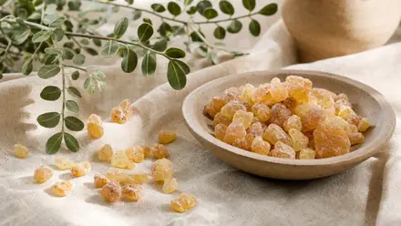 Goldene Weihrauchharz-Stücke (Boswellia serrata) auf hellem Leinen mit einem zarten Zweig.