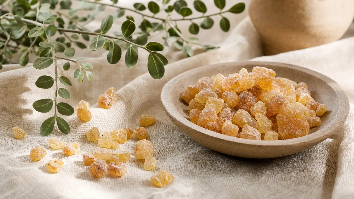 Goldene Weihrauchharz-Stücke (Boswellia serrata) auf hellem Leinen mit einem zarten Zweig.