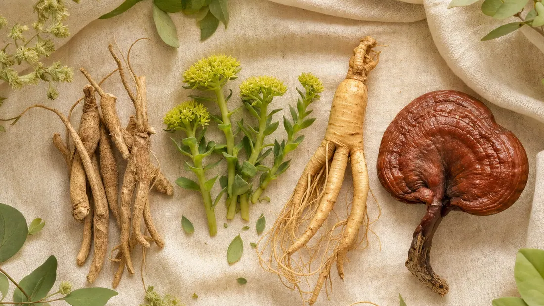 Flat-Lay verschiedener Adaptogene auf hellem Leinen – Ashwagandha-Wurzel, Rhodiola, Ginseng und Reishi-Pilz von oben arrangiert.