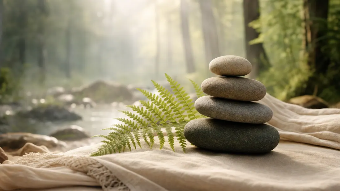 Ruhige Naturszene mit balancierten Steinen und Farn – Sinnbild für Balance und Stress-Resilienz.