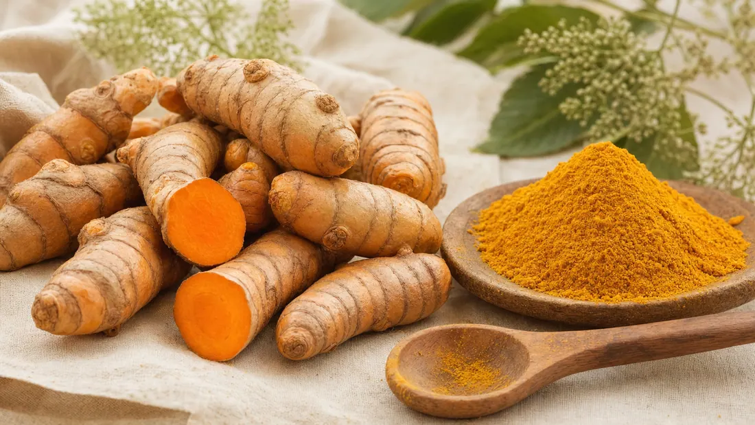 Frische Kurkuma-Wurzeln mit orangefarbenem Anschnitt neben einem Häufchen goldenem Kurkumapulver auf hellem Leinen.