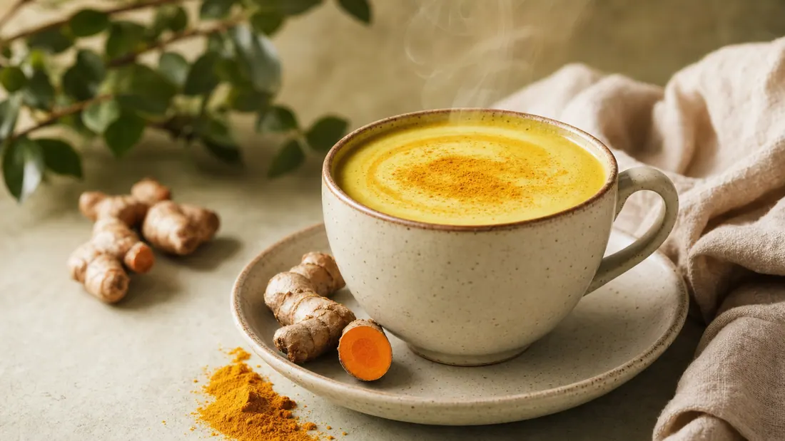Eine warme Tasse goldene Kurkuma-Milch mit feinem Schaum, daneben einige Kurkuma-Stücke auf Leinen.