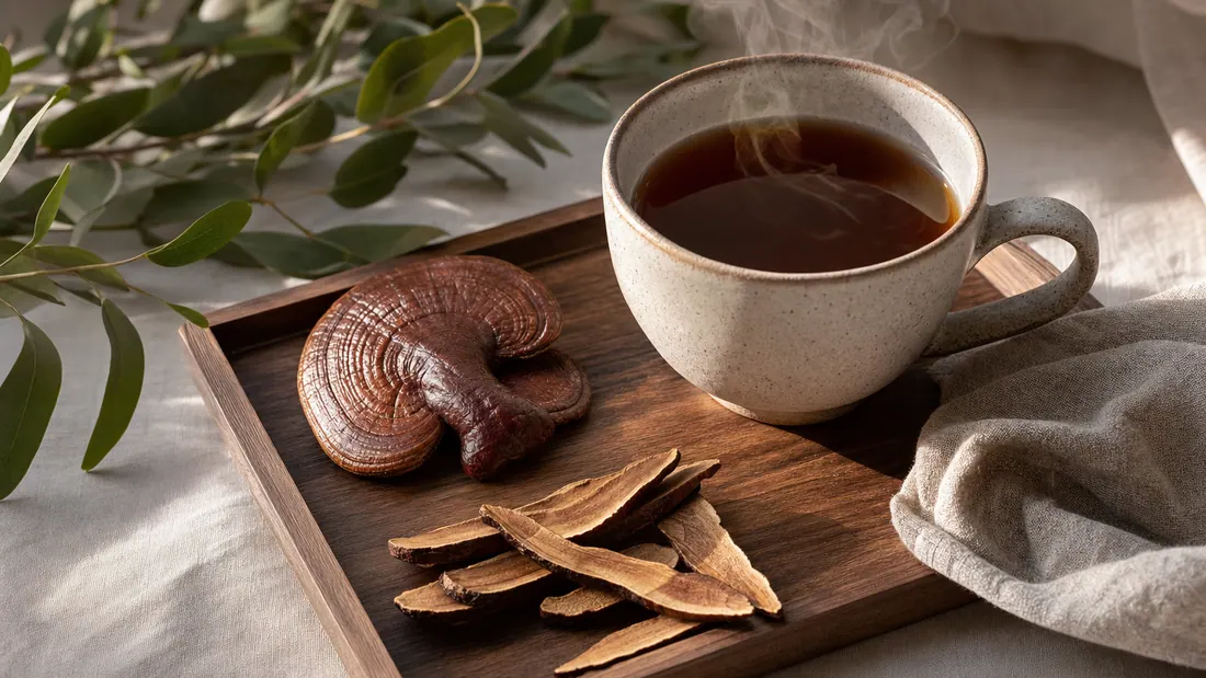 Dampfende Tasse mit dunklem Reishi-Tee auf einem Holztablett, daneben getrocknete Reishi-Scheiben und eine Leinenserviette.
