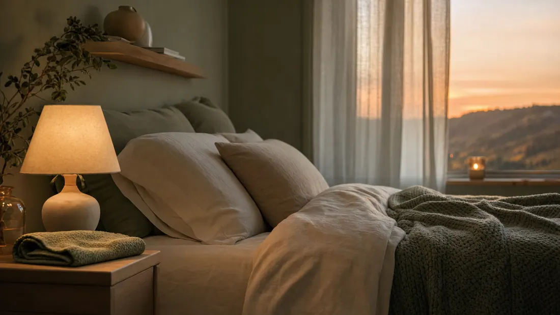 Ruhiges Schlafzimmer in der Abenddämmerung mit cremefarbener Bettwäsche und gedämpfter warmer Nachttischlampe.